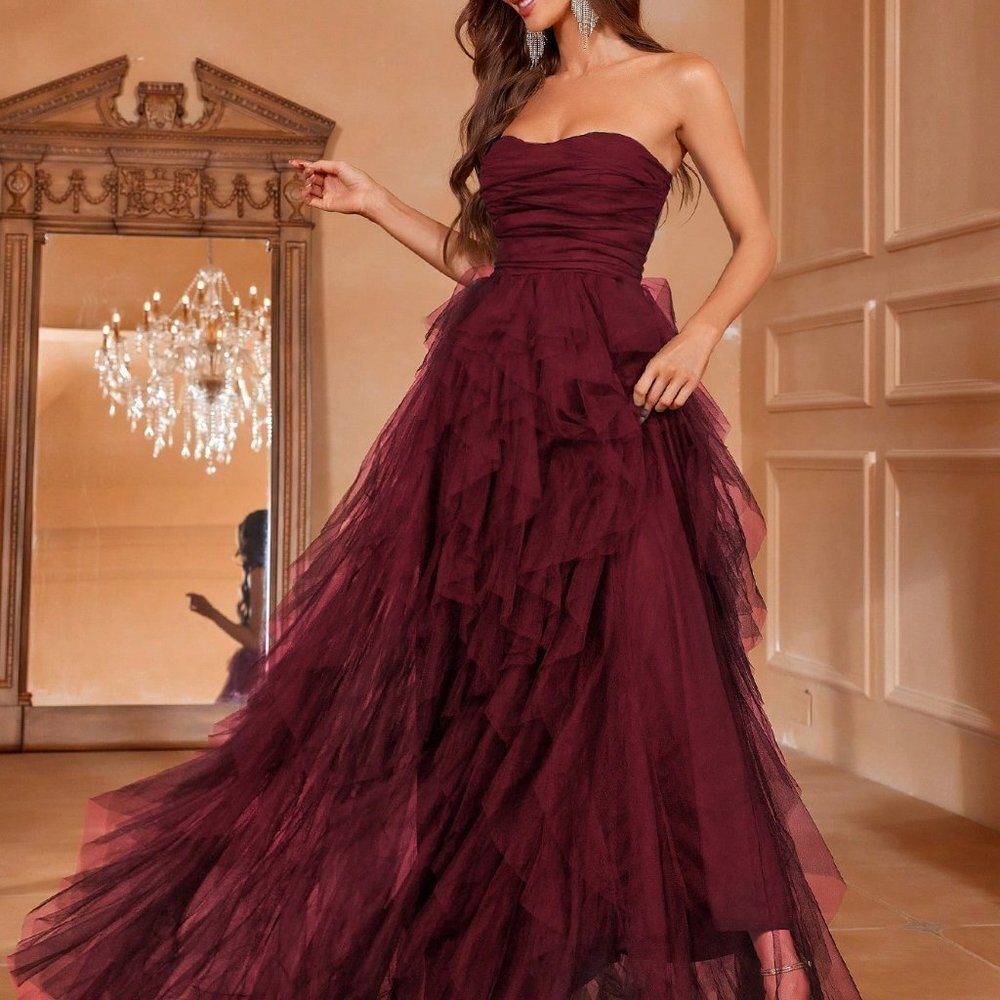 Burgundy Preppy Womens Solid Ruched Tube Wedding Dress - Picture 2 of 5